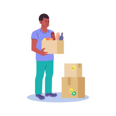 Volunteer with donation food box vector illustration. Charity humanitarian aid concept. Flat style design. Colorful graphics