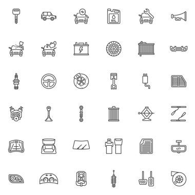 Car service line icons set. Car parts linear style symbols collection, outline signs pack. Auto service vector graphics. Set includes icons as engine oil change, suspension, windshield, dashboard