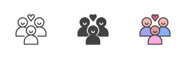 People and heart different style icon set. Line, glyph and filled outline colorful version, outline and filled vector sign. Love symbol, logo illustration. Vector graphics