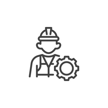 Engineer, mechanic line icon. Man and gear linear style sign for mobile concept and web design. Technician worker outline vector icon. Symbol, logo illustration. Vector graphics