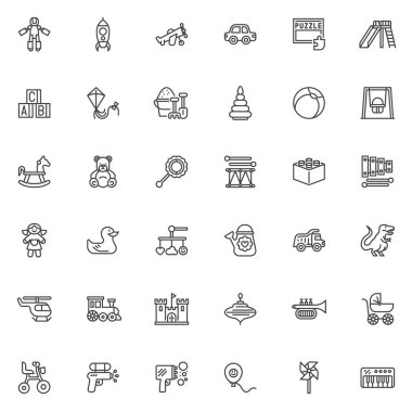 Childrens toys line icons set. Kids game linear style symbols collection, outline signs pack. Baby toy vector graphics. Set includes icons as robot, puzzle, baby mobile, humming top, bicycle, car
