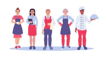 Restaurant staff vector illustration. Restaurant team characters - cook, waiter, barista, chef, manager. Flat style design. Colorful graphics