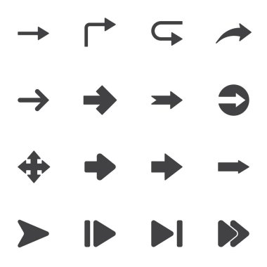 Universal arrows vector icons set, modern solid symbol collection, filled style pictogram pack. Signs, logo illustration. Set includes icons as play button, navigation cursor, arrow pointer, pause