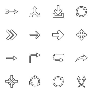 Basic arrows line icons set, outline vector symbol collection, linear style pictogram pack. Signs, logo illustration. Set includes icons as arrow with arrowhead, circular, shuffle, turn right, move