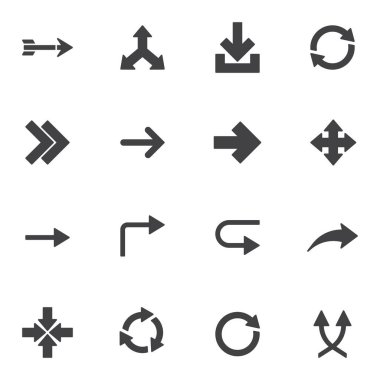 Basic arrows vector icons set, modern solid symbol collection, filled style pictogram pack. Signs, logo illustration. Set includes icons as arrow with arrowhead, circular, shuffle, turn right, move