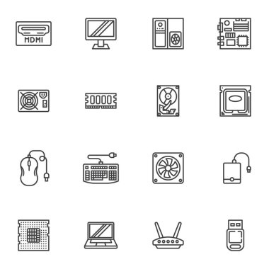 Computer parts line icons set, outline vector symbol collection, linear style pictogram pack. Signs logo illustration. Set includes icons as motherboard, hard disk, cpu processor, PC monitor, keyboard