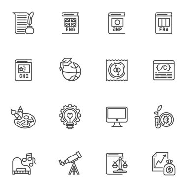 Education and science line icons set, outline vector symbol collection, linear style pictogram pack. Signs, logo illustration. Set includes icons as linguistics, technology, engineering, finance
