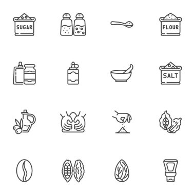 Spices, condiments line icons set, outline vector symbol collection, linear style pictogram pack. Signs, logo illustration. Set includes icons as salt and pepper shaker, mustard, ketchup, mayo, olive