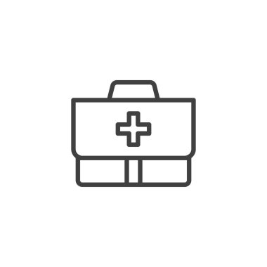 İlk yardım çantası çizgisi simgesi. Mobil konsept ve web tasarımı için doğrusal biçim işareti. Tıbbi çanta ana hatları vektör simgesi. Sembol, logo çizimi. Vektör grafikleri