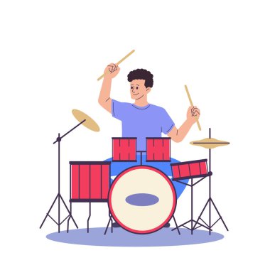 Drummer with drumsticks vector illustration. Musician drumming drums. Flat style design. Colorful graphics