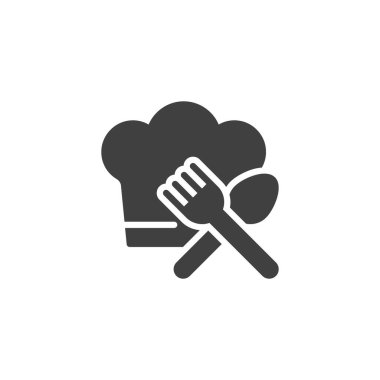 Chief hat with crossed fork and spoon vector icon. filled flat sign for mobile concept and web design. Cooks hat and cutlery glyph icon. Symbol, logo illustration. Vector graphics