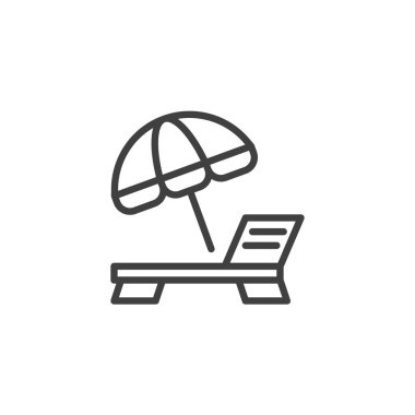 Deckchair and umbrella line icon. linear style sign for mobile concept and web design. Beach umbrella lounge chair outline vector icon. Symbol, logo illustration. Vector graphics