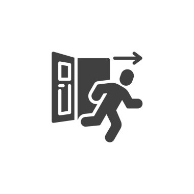 Emergency door exit vector icon. filled flat sign for mobile concept and web design. Exit door arrow glyph icon. Symbol, logo illustration. Vector graphics