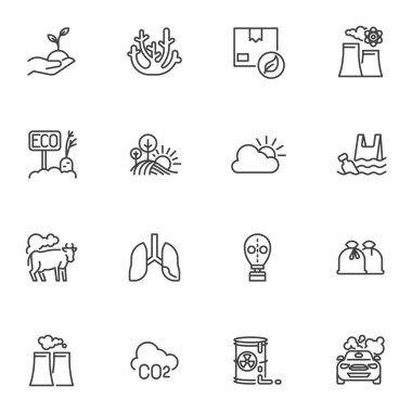 Air pollution line icons set, outline vector symbol collection, linear style pictogram pack. Signs, logo illustration. Set includes icons as water pollution, smoke, dust, gas, emission, pipe smoke