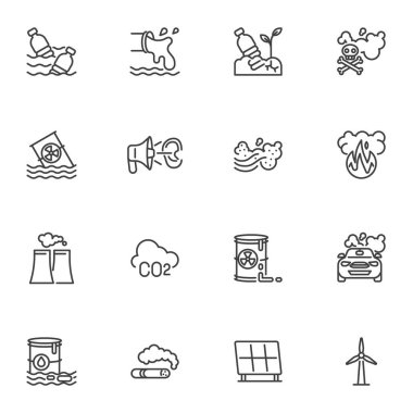 Nature pollution line icons set, outline vector symbol collection, linear style pictogram pack. Signs, logo illustration. Set includes icons as co2 emission, plastic water pollution, factory smoke