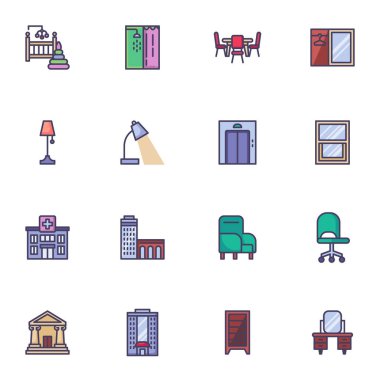 Interior and buildings filled outline icons set, line vector symbol collection, linear colorful pictogram pack. Signs, logo illustration, Set includes icons as armchair, office chair, dining room