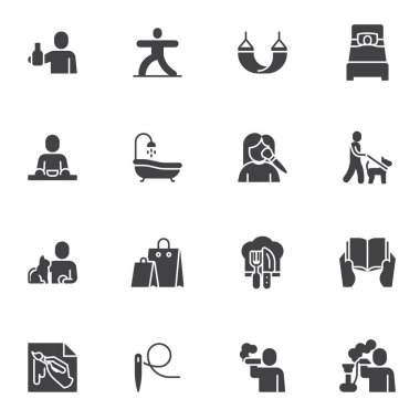Recreation and relaxation vector icons set, modern solid symbol collection, filled style pictogram pack. Signs, logo illustration. Set includes icons as book reading, smoking, sleeping, shopping