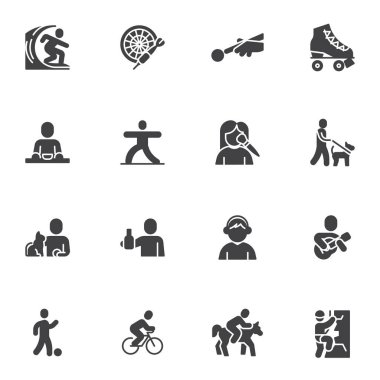 Recreation and hobby vector icons set, modern solid symbol collection, filled style pictogram pack. Signs, logo illustration. Set includes icons as climbing, guitar playing, walking, surfing, sport