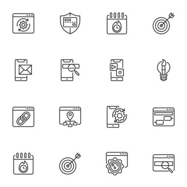 Search engine optimization line icons set, SEO outline vector symbol collection, linear style pictogram pack. Signs, logo illustration. Set includes icons as website search bar, web link, mobile phone
