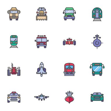 Transportation vehicle filled outline icons set, line vector symbol collection, linear colorful pictogram pack. Signs, logo illustration, Set includes icons as car, truck, train, ship, plane, bus