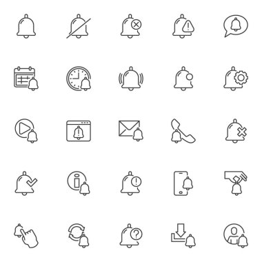 Notification bell line icons set. Reminder interface linear style symbols collection, outline signs pack. UI notice vector graphics. Set includes icons as calendar event, sound mute, voice message