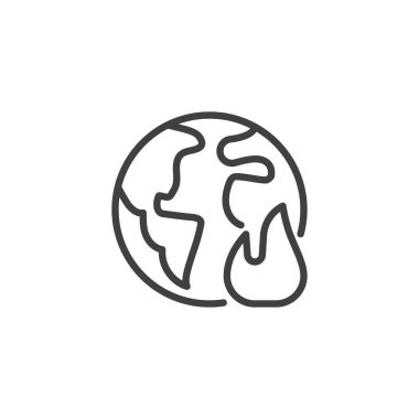 Earth and fire flame line icon. linear style sign for mobile concept and web design. Burning Earth planet outline vector icon. Symbol, logo illustration. Vector graphics