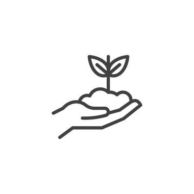 Hand with plant line icon. linear style sign for mobile concept and web design. Hand holding sprout outline vector icon. Growth symbol, logo illustration. Vector graphics