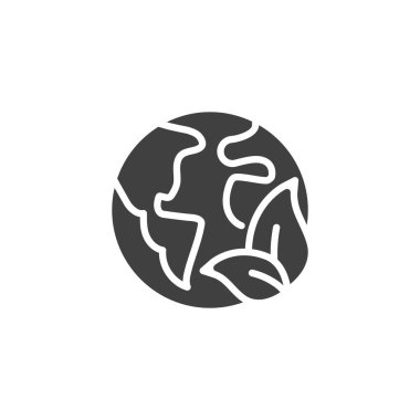 Dünya ekoloji vektör ikonu. Mobil konsept ve web tasarımı için düz tabela. Dünya ve yapraklar kabartma ikonu. Sembol, logo çizimi. Vektör grafikleri