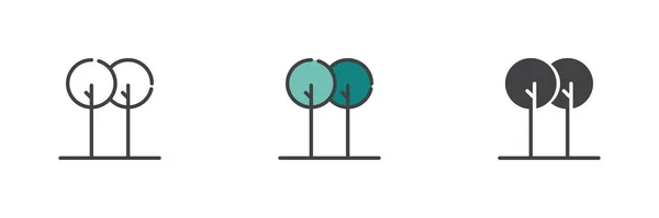 两棵树不同风格的图标集 字形和填充轮廓色彩斑斓的版本 轮廓和填充向量符号 公园的标志 标志插图 矢量图形 — 图库矢量图片