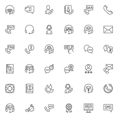 Teknik destek çizgisi simgeleri ayarlandı. Kişisel asistan doğrusal biçim sembolleri koleksiyonu, özet tabela paketi. Müşteri desteği vektör grafikleri. Çağrı merkezi olarak simgeler, yardım masası, yardım hattı, SSS