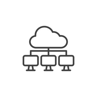 Bulut ağ bağlantısı simgesi. Mobil konsept ve web tasarımı için doğrusal biçim işareti. Sunucu bulut hesaplama ana hatlı vektör simgesi. Sembol, logo çizimi. Vektör grafikleri