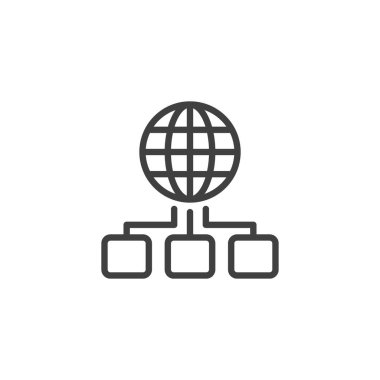 Global sunucu çizgisi simgesi. Mobil konsept ve web tasarımı için doğrusal biçim işareti. Genel ağ bağlantı ana hatları vektör simgesi. Sembol, logo çizimi. Vektör grafikleri