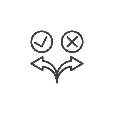 Karar çizgisi simgesi oluşturuluyor. Kontrol işaretli ok ve mobil konsept ve web tasarımı için doğrusal stil işareti. Seçim süreci ana taslak vektör simgesi. Sembol, logo çizimi. Vektör grafikleri