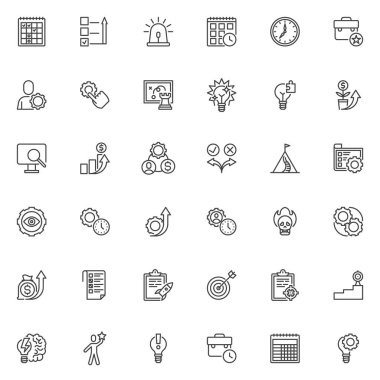 Zaman yönetim çizgisi simgeleri ayarlandı. Zaman denetimi doğrusal biçim sembolleri koleksiyonu, ana tabela paketi. Vektör grafikleri düzenlemek ve planlamak. Proje yönetimi ve üretkenlik çalışması olarak simgeleri içerir