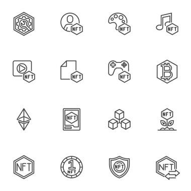 NFT çizgi simgeleri seti, ana hatlı vektör sembolü koleksiyonu, doğrusal biçim piktogram paketi. İşaretler, logo illüstrasyonu. Küme, karşılanamayan simgeler, bitcoin şifreleme, engelleme zinciri teknolojisi olarak simgeleri içerir