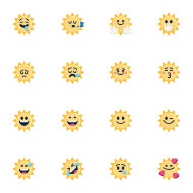 Sarı güneş emoji elementleri koleksiyonu, güneş yüzü simgeleri düz simgeler, renkli semboller içerir - gülümse, ağla, öp, sev, gül, sarıl, uyu. Vektör çizimi. Düz biçim tasarımı