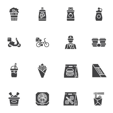 Paket servis yiyecek vektör simgeleri seti, modern katı sembol koleksiyonu, doldurulmuş resim paketi. İşaretler, logo illüstrasyonu. Set, fast food dağıtım servisi olarak simgeleri içerir, pizza, burger, suşi rulosu