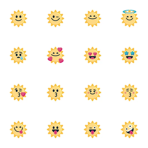 stock vector Sun emoticons elements collection, yellow sun emoji flat icons set, Colorful symbols pack contains - smiley, kiss, love, smile, cry, happy, crazy, heart eyes. Vector illustration. Flat style design