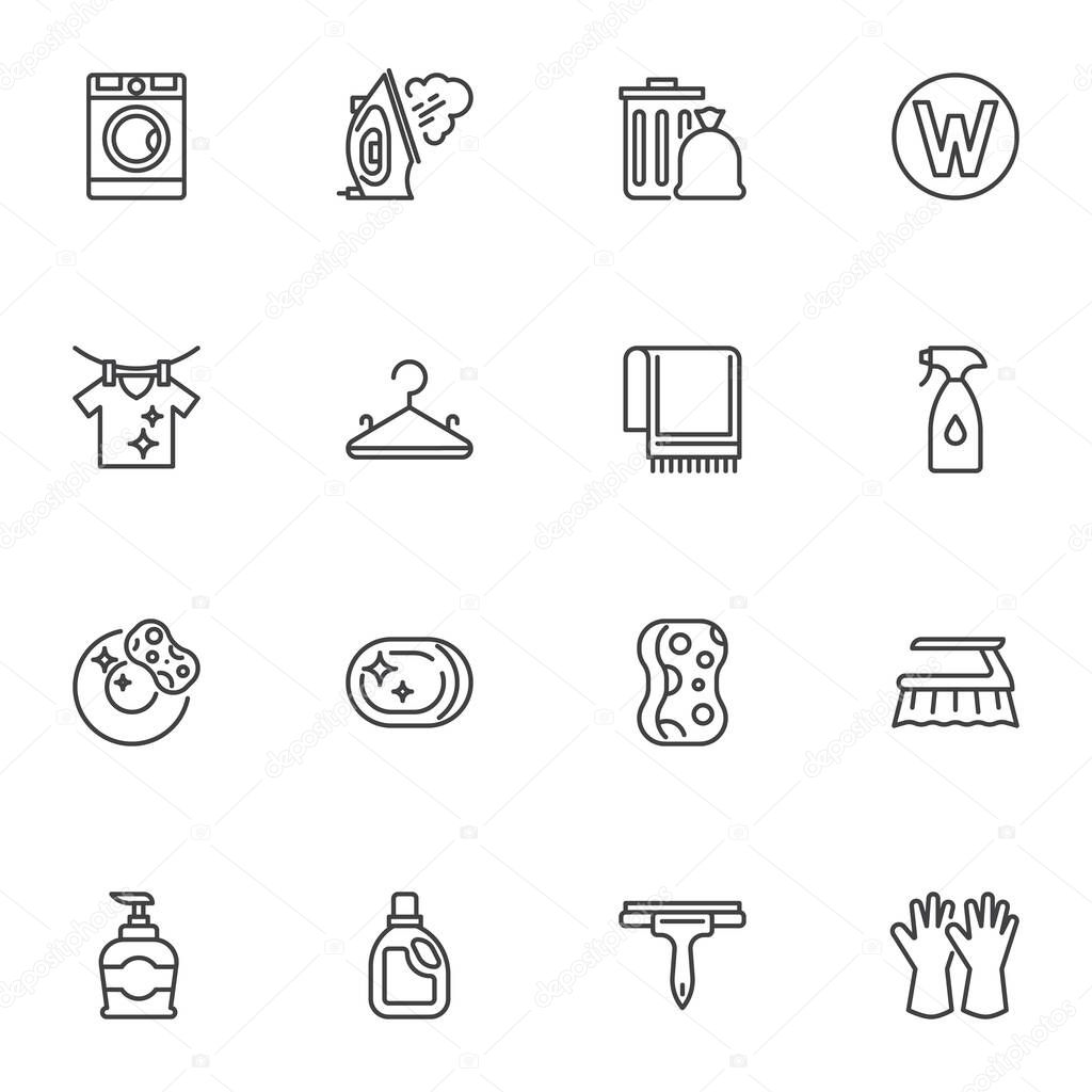 Cleaning service line icons set, outline vector symbol collection, linear style pictogram pack. Signs, logo illustration. Set includes icons as laundry, washing machine, dishwashing, detergent bottle