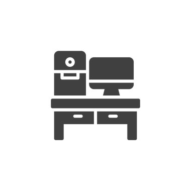 Workstation bilgisayar vektör simgesi. Mobil konsept ve web tasarımı için düz tabela. İşyeri bilgisayar simgesi simgesi. Sembol, logo çizimi. Vektör grafikleri
