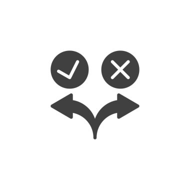 Karar vektörü simgesi oluşturuluyor. Kontrol işaretli ok ve mobil konsept ve web tasarımı için düz tabela. Seçim süreci sembol simgesi. Sembol, logo çizimi. Vektör grafikleri