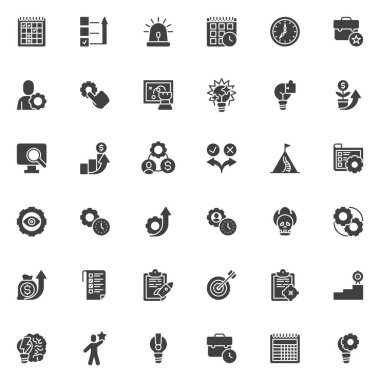 Zaman yönetimi vektör simgeleri seti, modern katı sembol koleksiyonu, doldurulmuş biçim piktogram paketi. İşaretler, logo illüstrasyonu. Proje yönetimi, üretkenlik çalışması ve strateji planlaması olarak simgeleri içerir