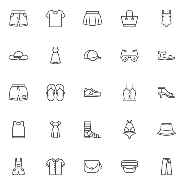 Summer clothes and accessories line icons set. linear style symbols collection, outline signs pack. Shoes and clothing vector graphics. Set includes icons as dress, hat, swimsuit, sundress, sunglasses