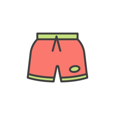 Yüzme şortları ana hatları doldurmuş, çizgi vektör işareti, beyaz üzerine izole edilmiş doğrusal renkli piktogram. Sembol, logo çizimi. Vektör grafikleri