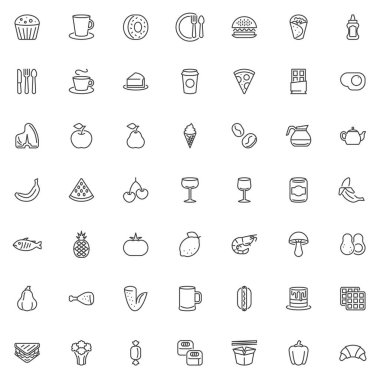 Yiyecek ve içecek çizgisi simgeleri ayarlandı. Doğrusal biçim sembolleri koleksiyonu, ana tabela işaretleri paketi. Yemek menüsü vektör grafikleri. Sette tatlı, kahve, kahvaltı, meyve, sebze, pasta, fast food, çay gibi ikonlar yer alıyor