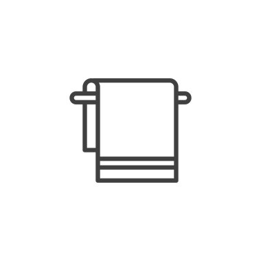 Havlu ve askı askısı çizgisi ikonu. Mobil konsept ve web tasarımı için doğrusal biçim işareti. Havlu ana hatları vektör simgesi asılıyor. Sembol, logo çizimi. Vektör grafikleri