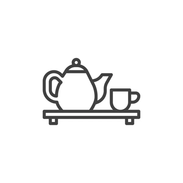 Teekanne Und Tasse Auf Einem Holzbrett Lineares Stilschild Für Mobiles — Stockvektor