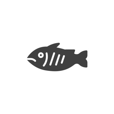 Balık kızartma vektör simgesi. Mobil konsept ve web tasarımı için düz tabela. Balık yemi kabartma simgesi. Sembol, logo çizimi. Vektör grafikleri