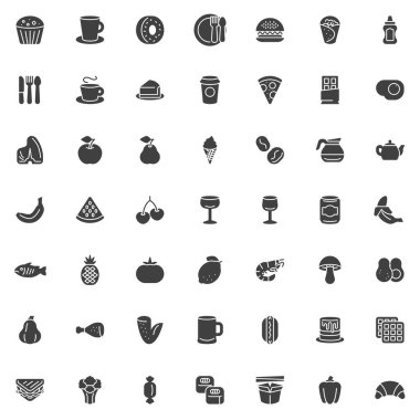 Yiyecek ve içecek ikonları seti, modern katı sembol koleksiyonu, doldurulmuş resim paketi. İşaretler, logo illüstrasyonu. Sette tatlı, kahve, kahvaltı, meyve, sebze, pasta, çay gibi ikonlar yer alıyor