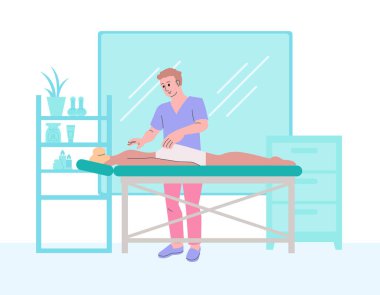 Terapist hastaya sırt masajı yapıyor. Sağlık ve rahatlama konsepti. Düz stil tasarım. Renkli grafikler